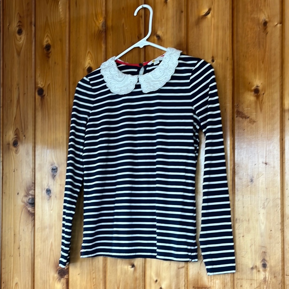 Boden Black and White Striped Long-Sleeve Top with Lace Peter Pan Collar